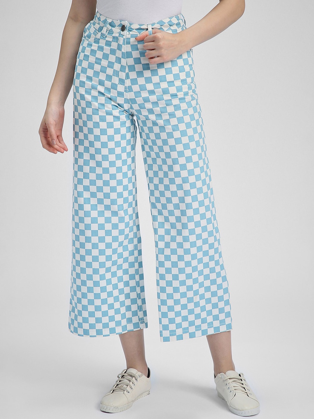 

FOREVER 21 Women Checked Mid Rise Pure Cotton Cropped Trousers, Blue