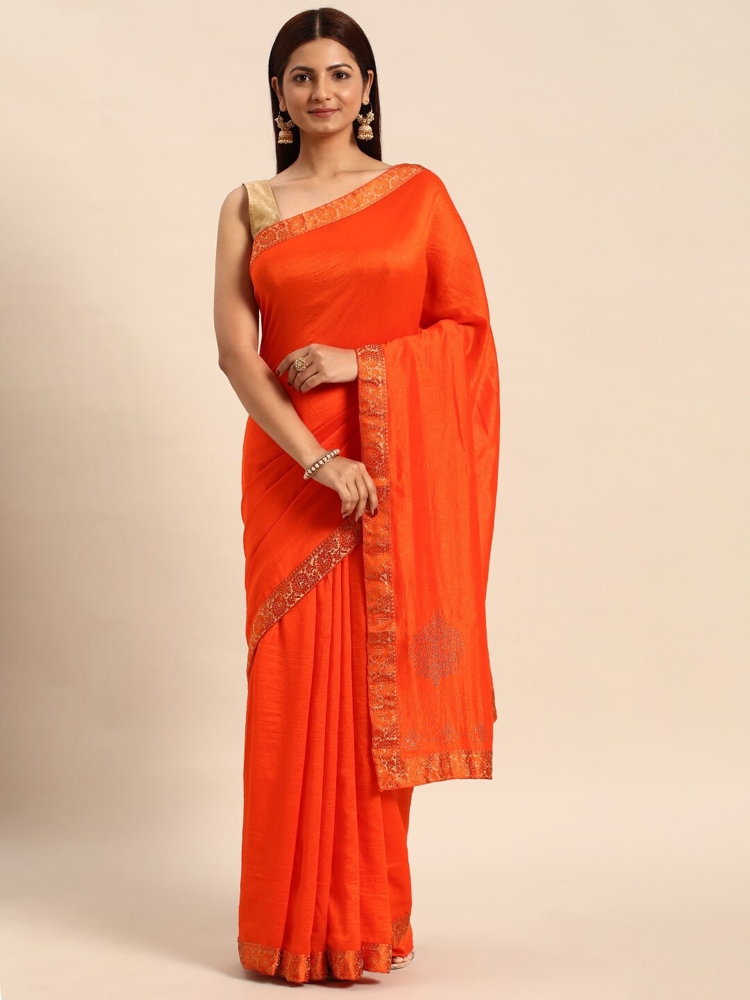 

HERE&NOW Ethnic Woven Design Border Saree, Orange