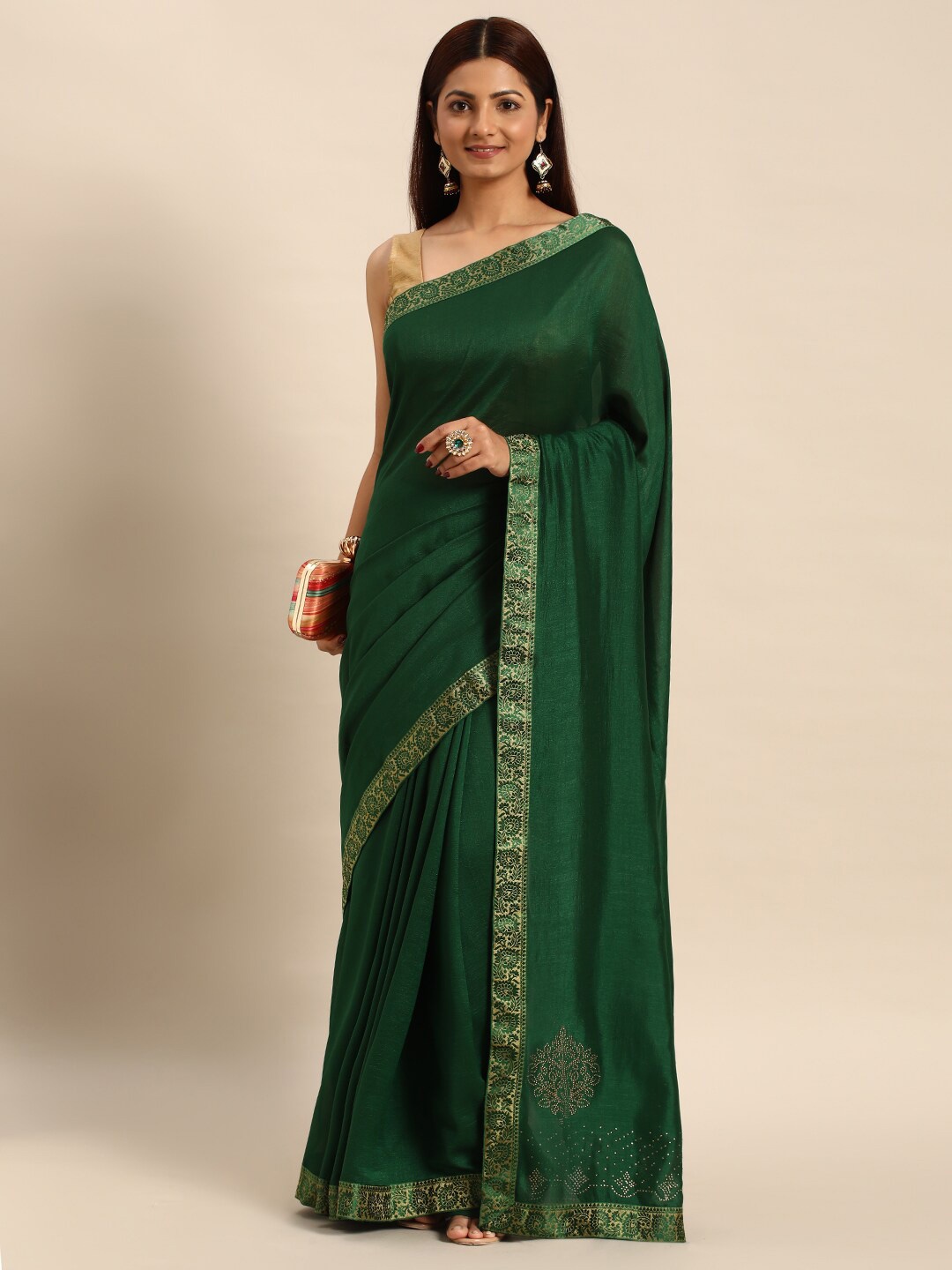 

HERE&NOW Ethnic Woven Design Border Saree, Green