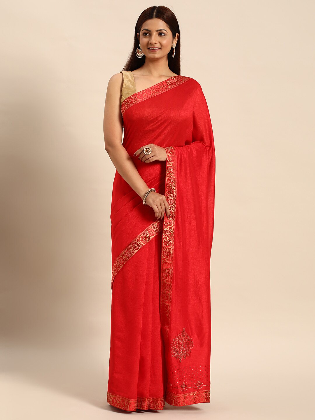 

HERE&NOW Ethnic Woven Design Border Saree, Red