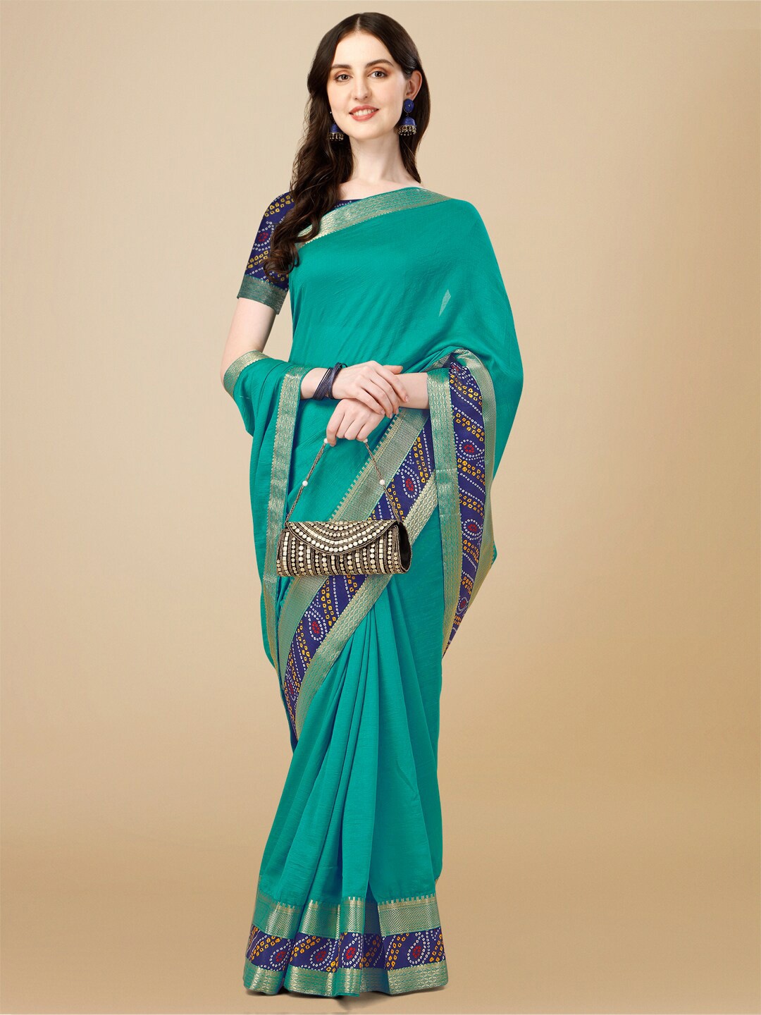 

HERE&NOW Printed Border Saree, Turquoise blue