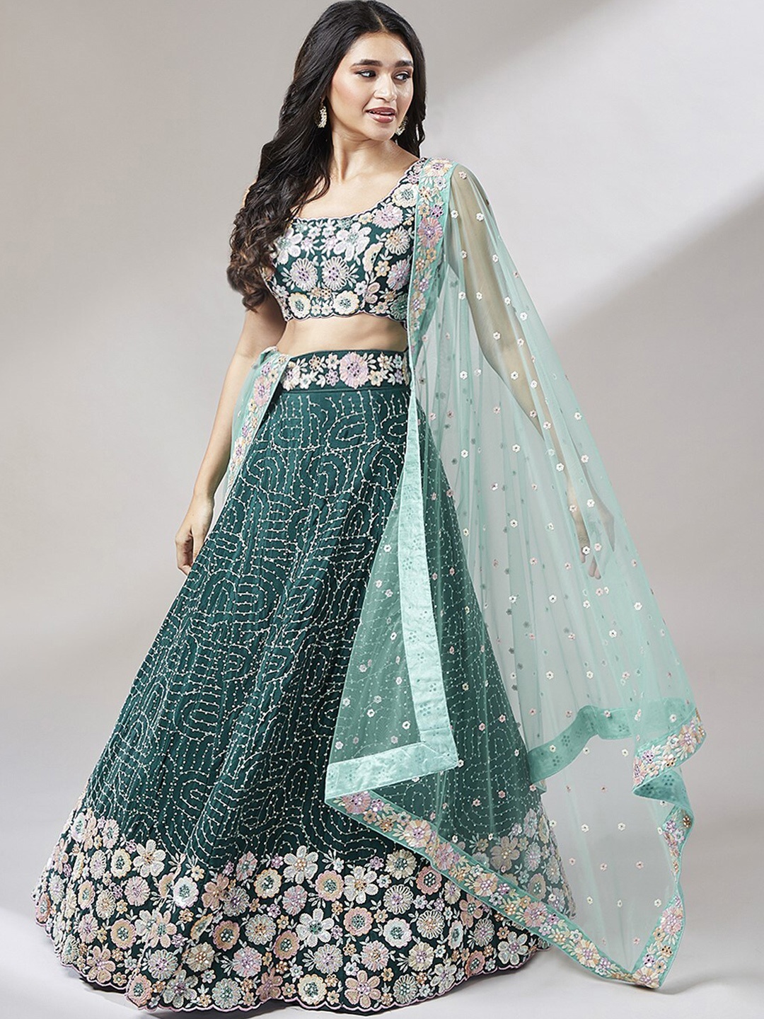 

panchhi Embroidered Mirror Work Semi-Stitched Lehenga & Unstitched Blouse With Dupatta, Teal