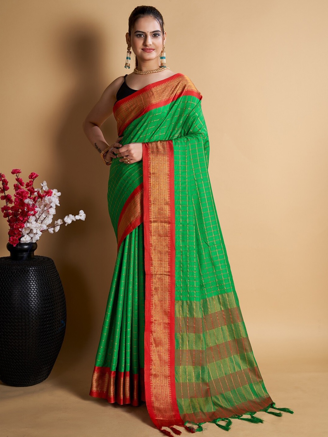 

Mitera Checked Woven Design Zari Uppada Saree, Green