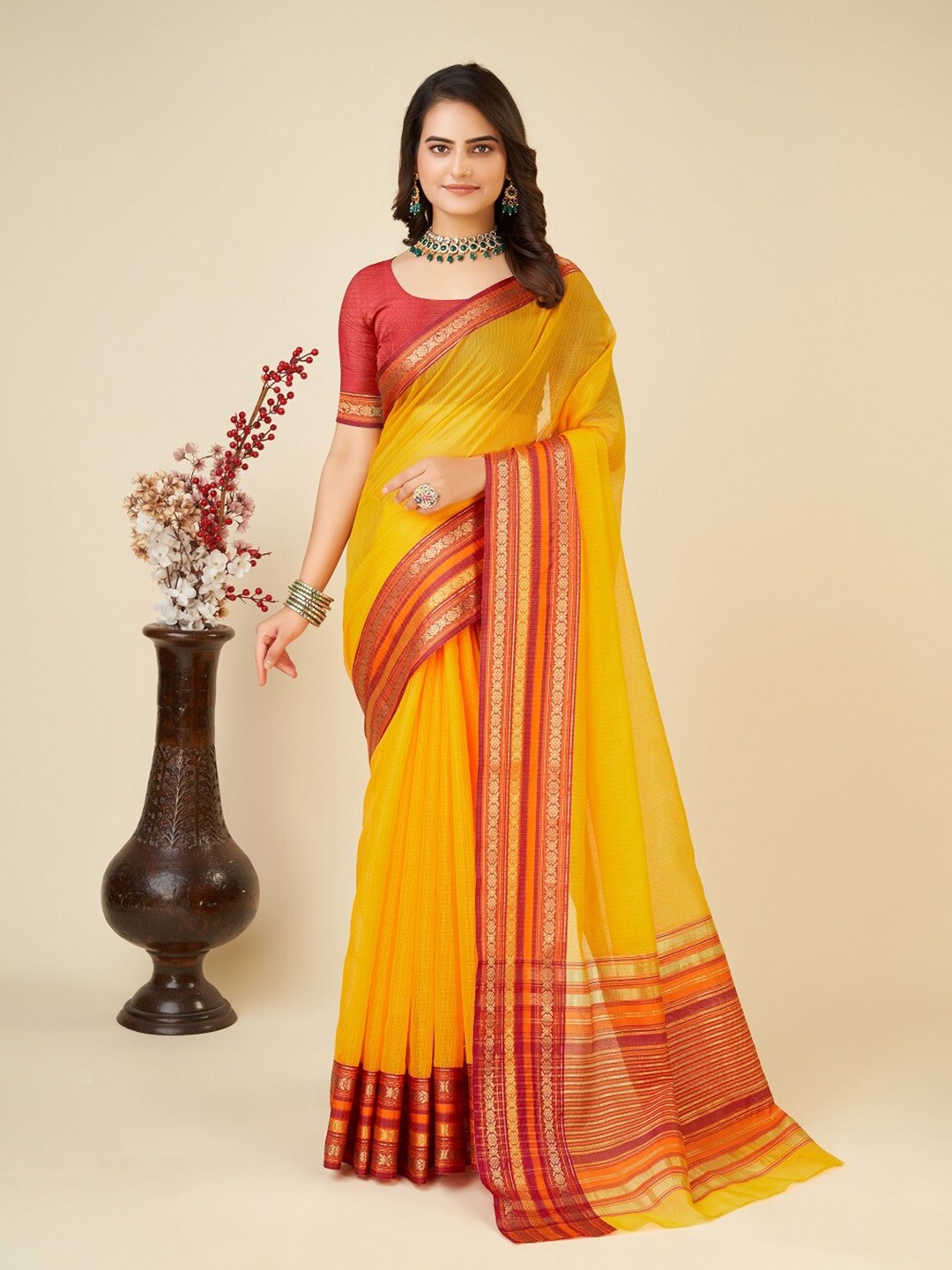 

Mitera Woven Design Zari Silk Cotton Designer Kota Saree, Yellow