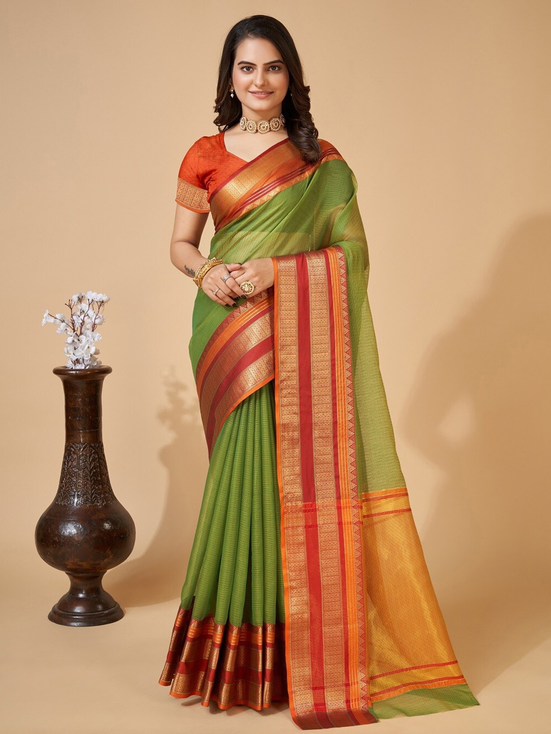 

Mitera Woven Design Zari Silk Cotton Kota Saree, Green