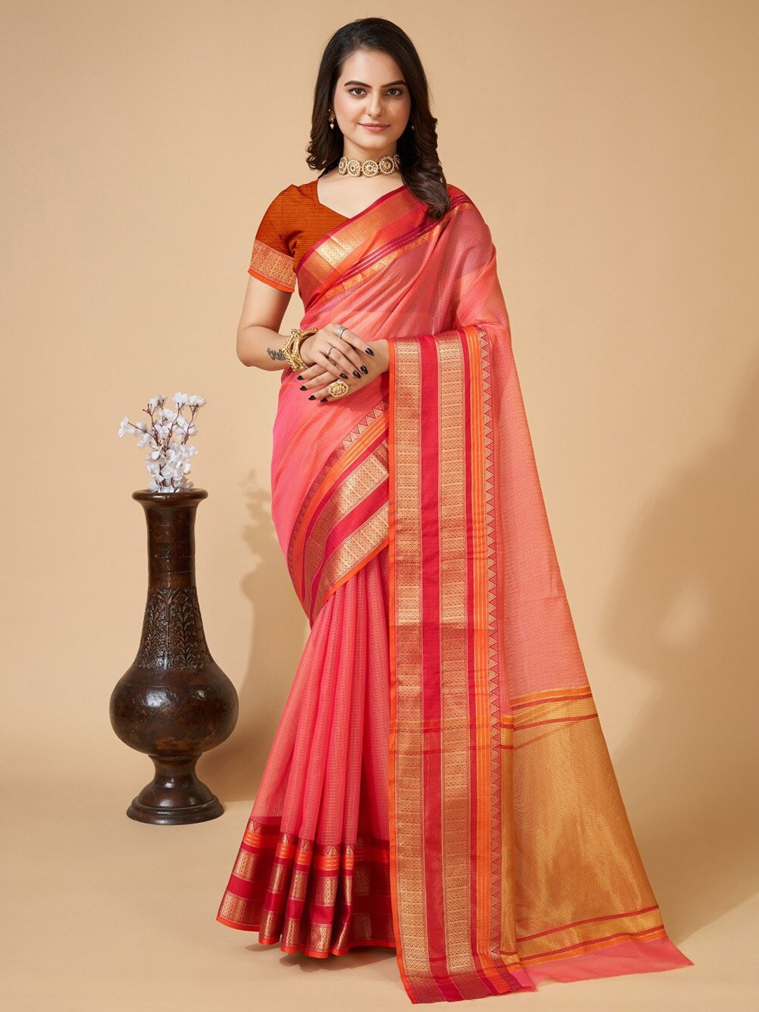 

Mitera Checked Woven Design Zari Silk Cotton Kota Saree, Peach