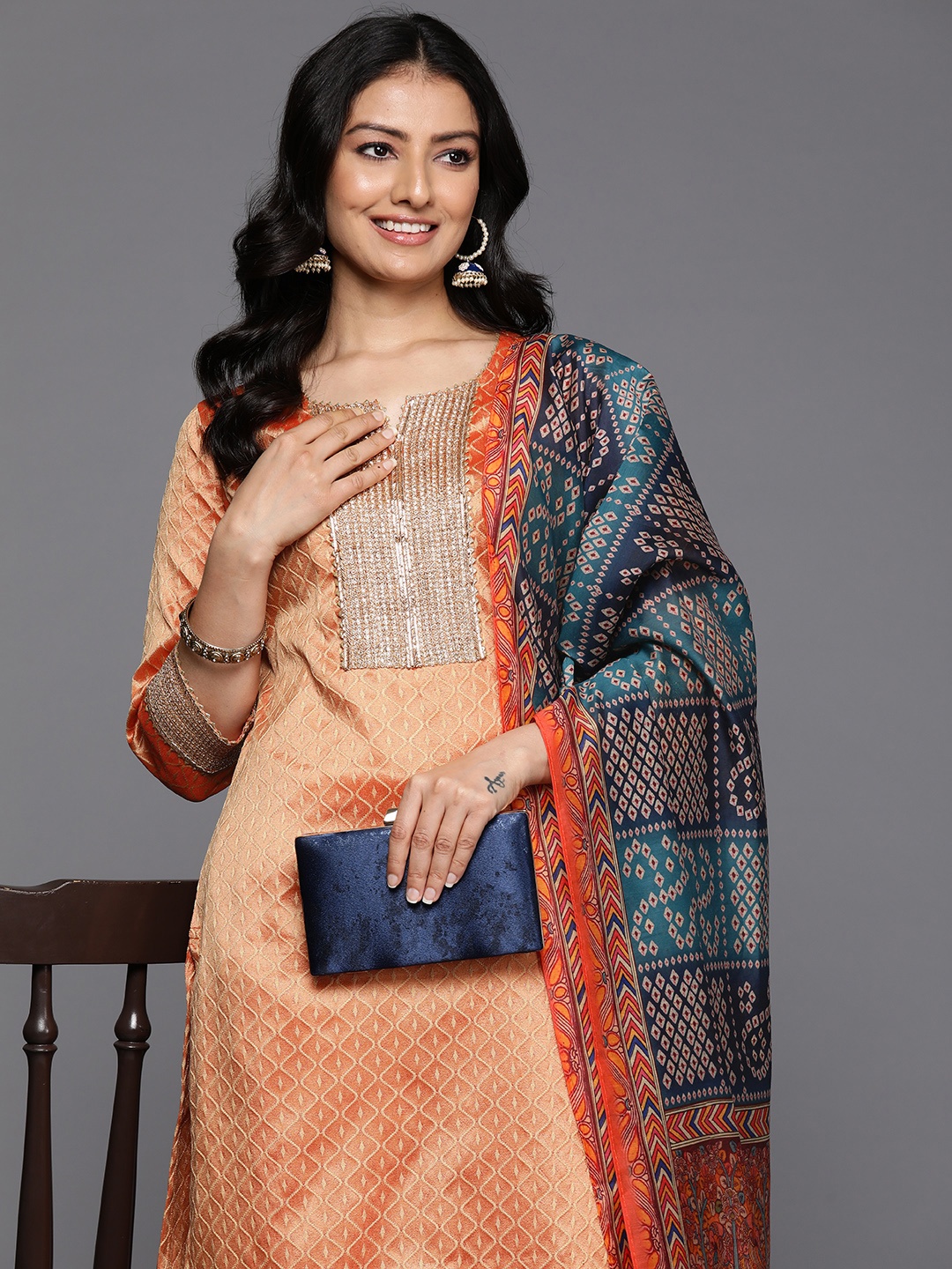 

Varanga Jacquard Zari Kurta with Trousers & With Dupatta, Rust