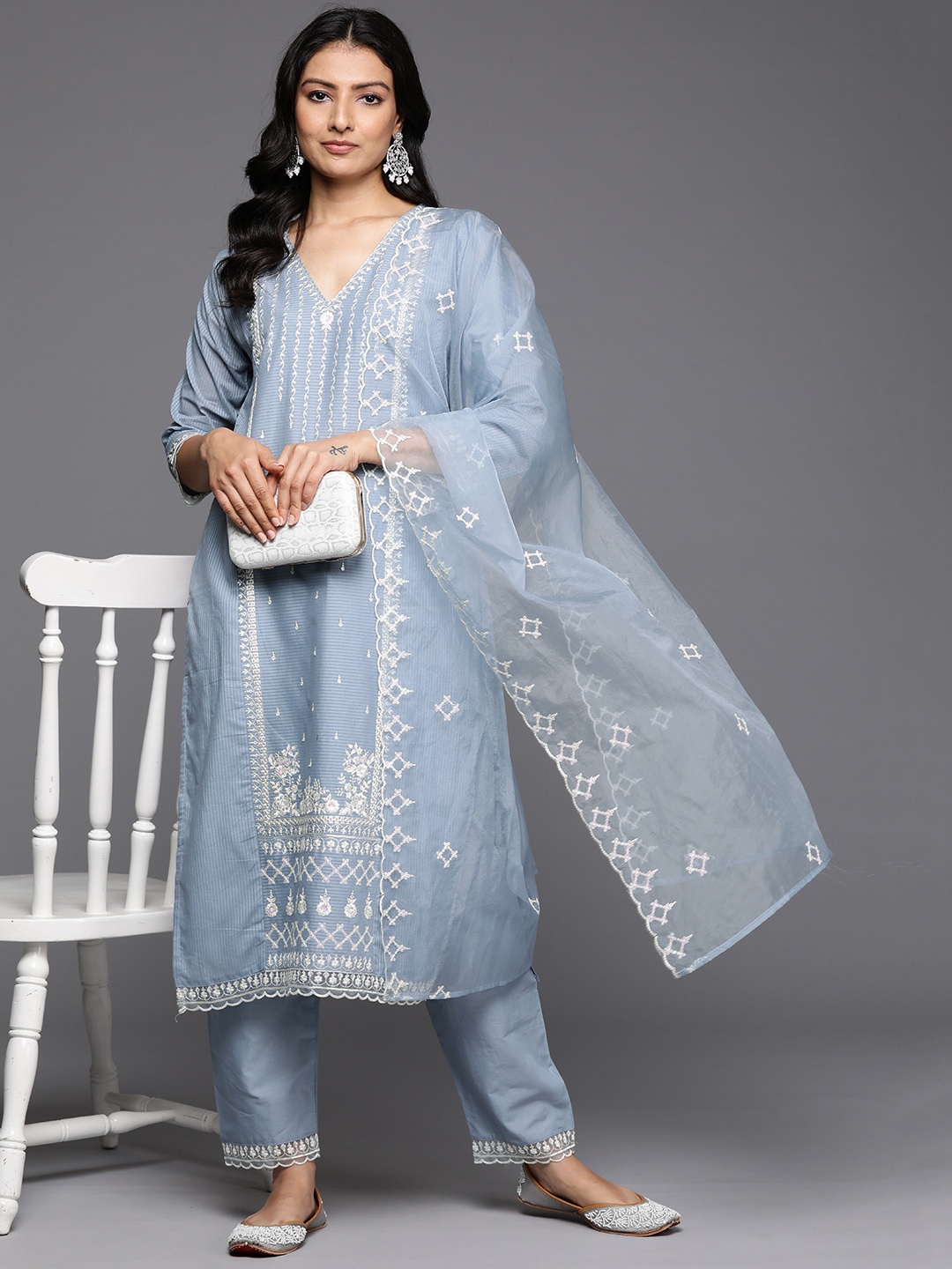 

Varanga Floral Embroidered Thread Work Pure Cotton Kurta With Trousers & Dupatta, Blue