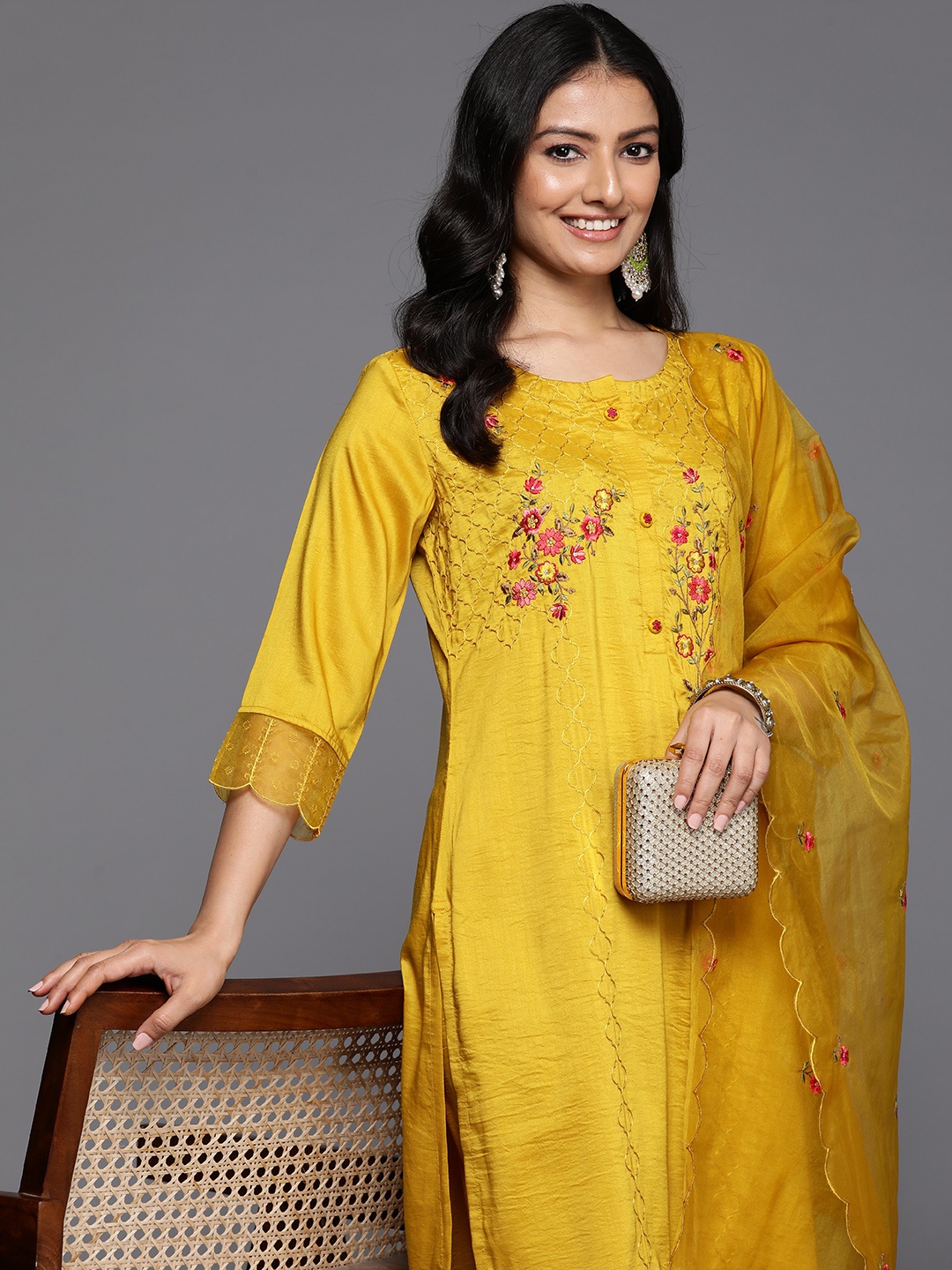 

Varanga Floral Embroidered Thread Work Kurta With Trousers & Dupatta, Yellow