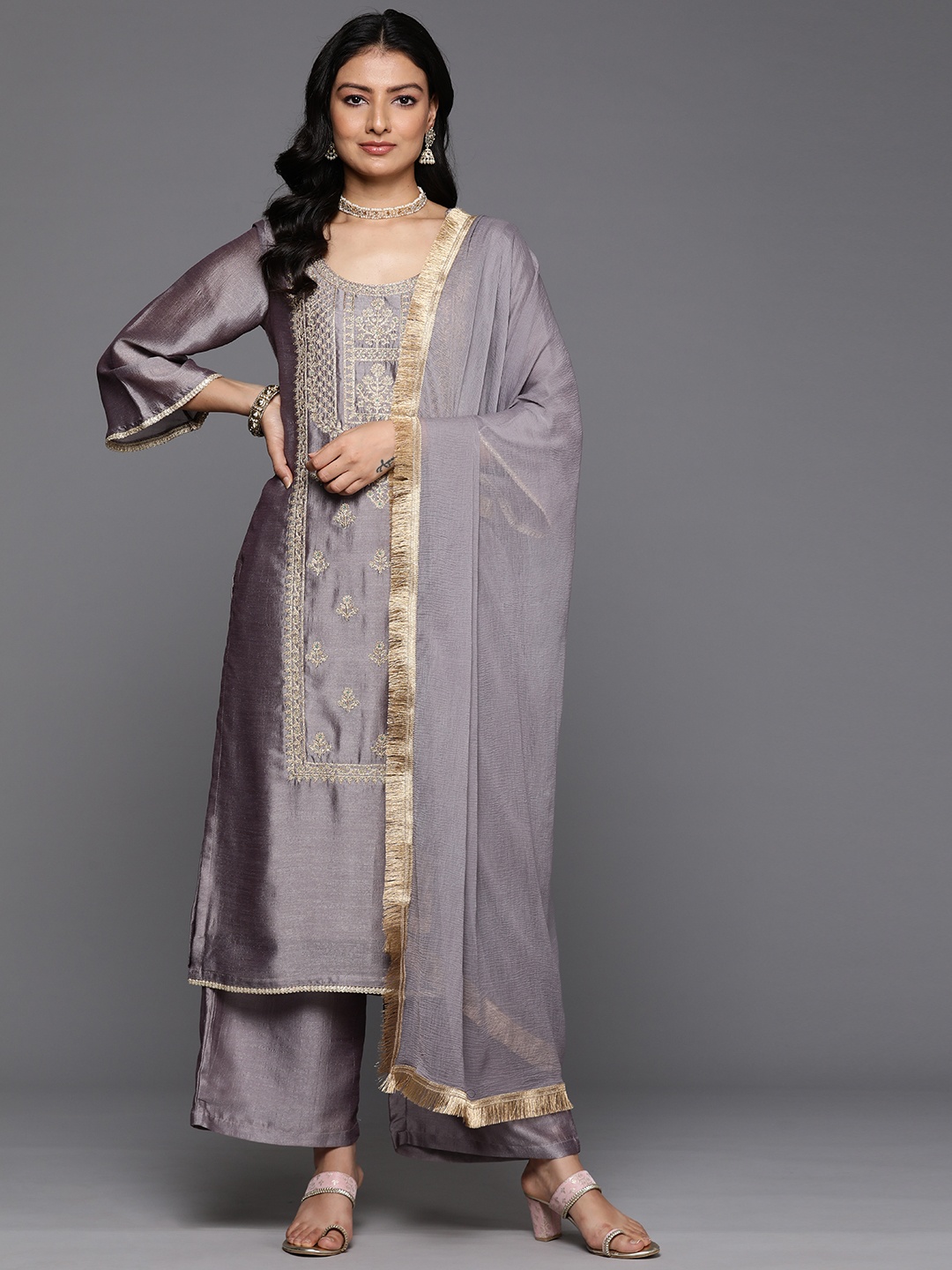 

Varanga Ethnic Motifs Embroidered Zari Kurta With Palazzos & Dupatta, Mauve