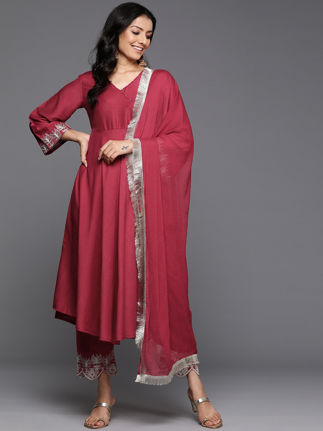 

Varanga Women Angrakha Kurta with Trousers & With Dupatta, Maroon