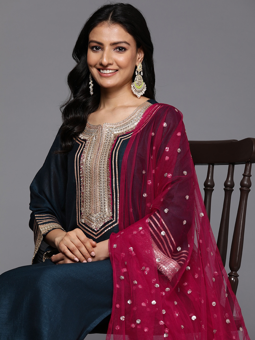 

Varanga Yoke Design Sequinned Kurta with Palazzos & With Dupatta, Navy blue