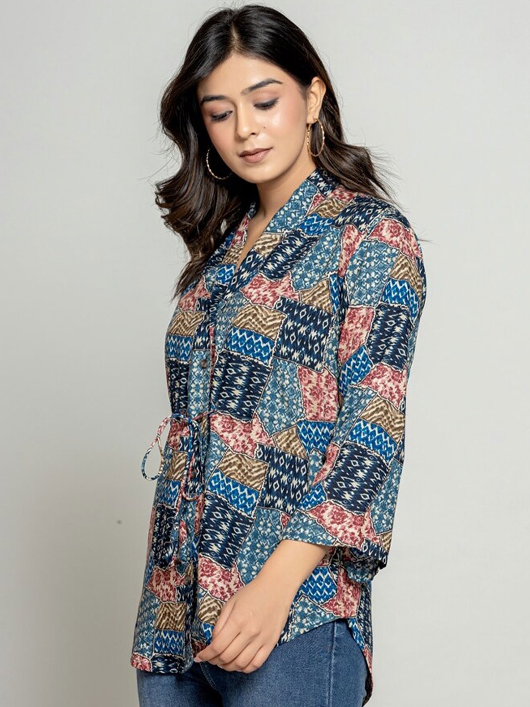 

Haute and Humble Geometric Printed Bell Sleeve Crepe Shirt Style Top, Blue
