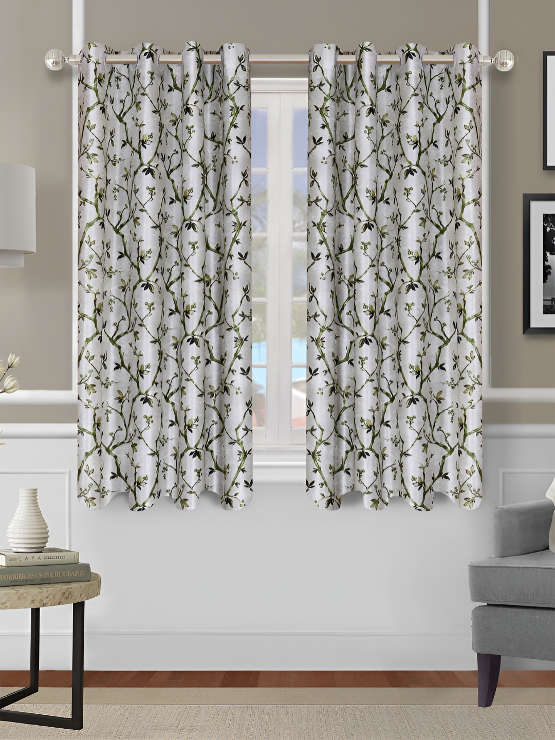 

Aura Green & Grey 2Pcs Floral Room Darkening Window Curtain