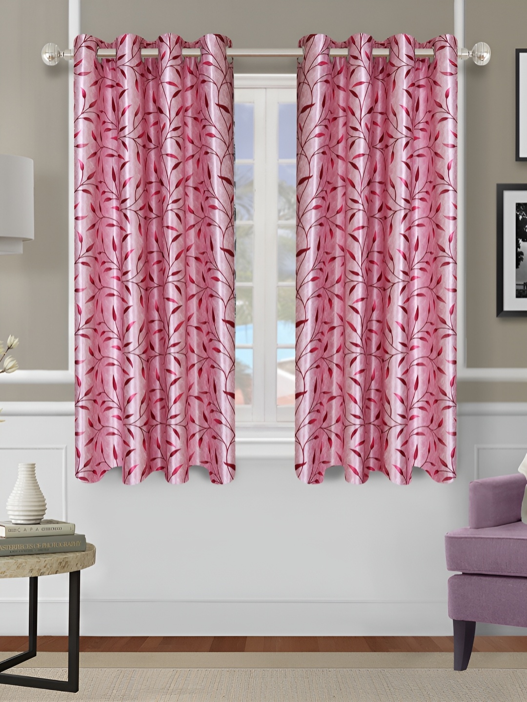 

Aura Pink & Red 2Pcs Floral Room Darkening Window Curtain