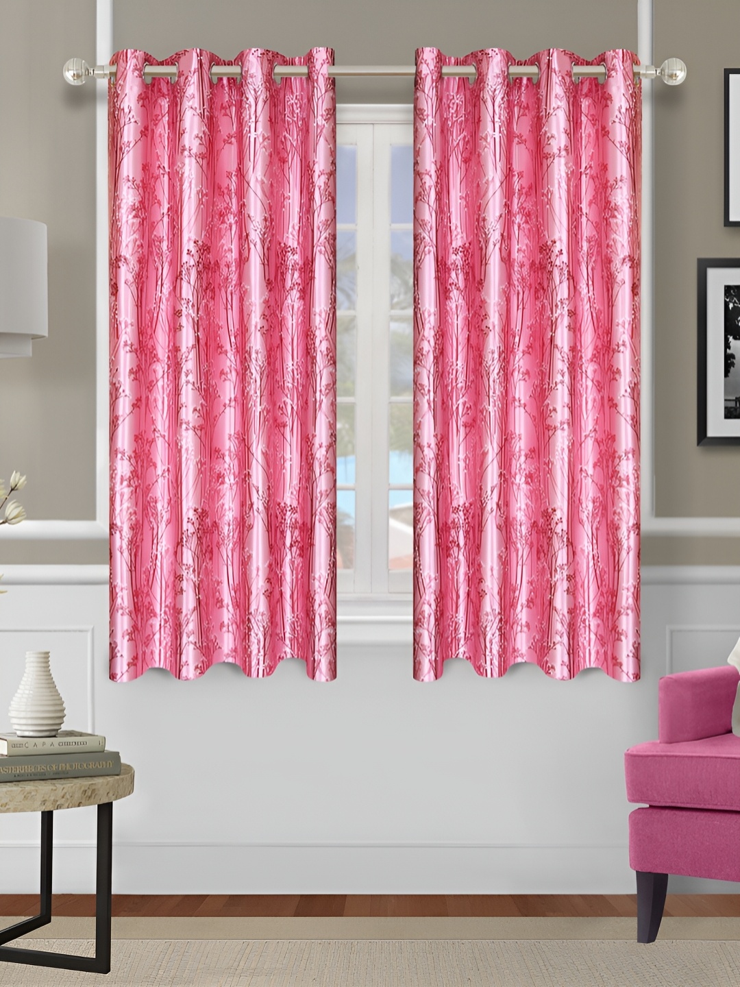 

Aura Pink & White 2Pcs Floral Room Darkening Window Curtain