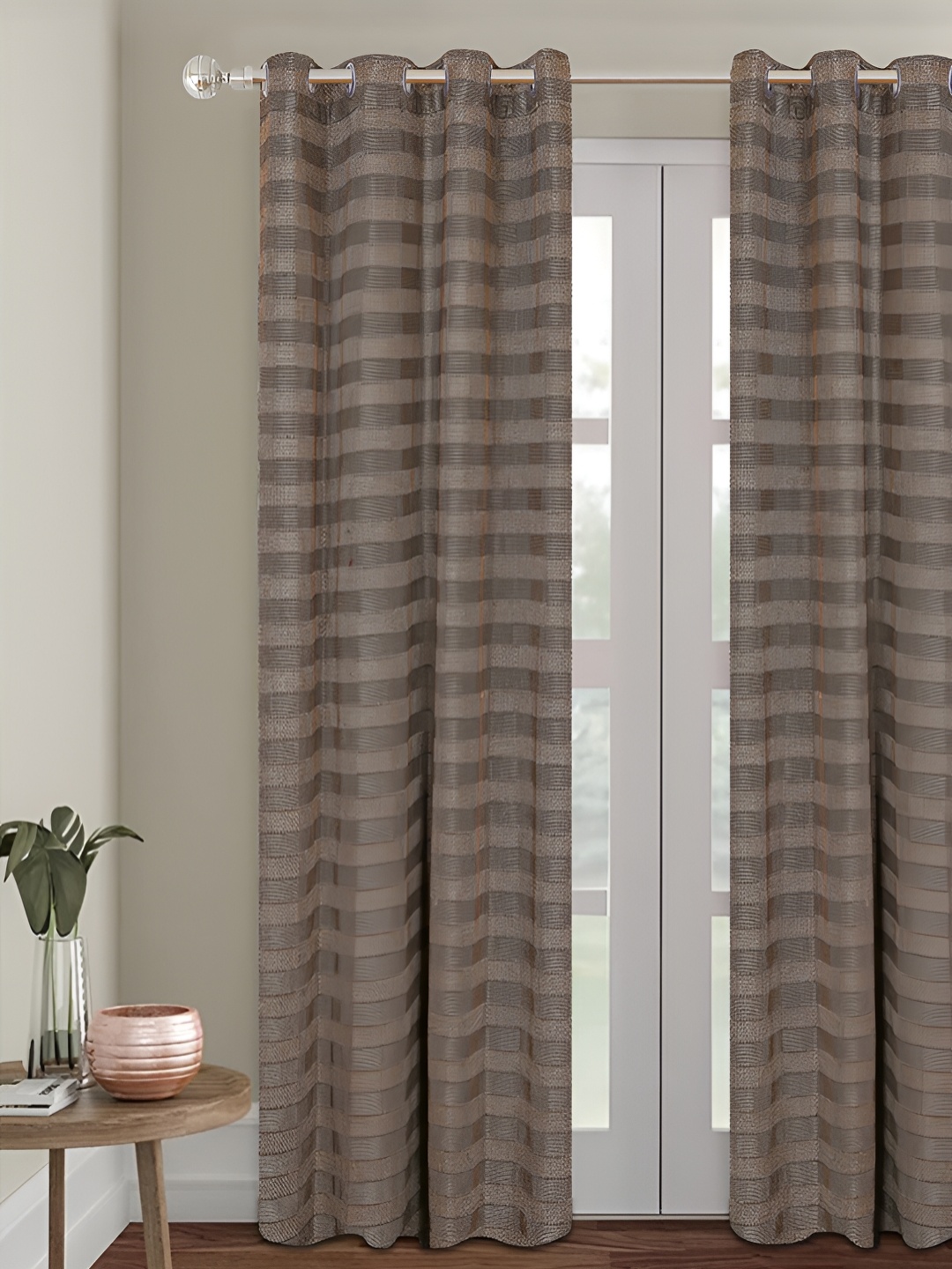 

Aura Brown 2 Pieces Striped Jute Silk Room Darkening Door Curtains