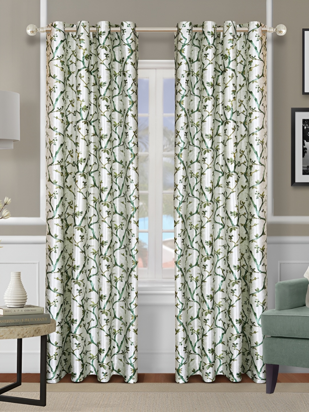 

Aura Green 2 Pieces Floral Room Darkening Long Door Curtains