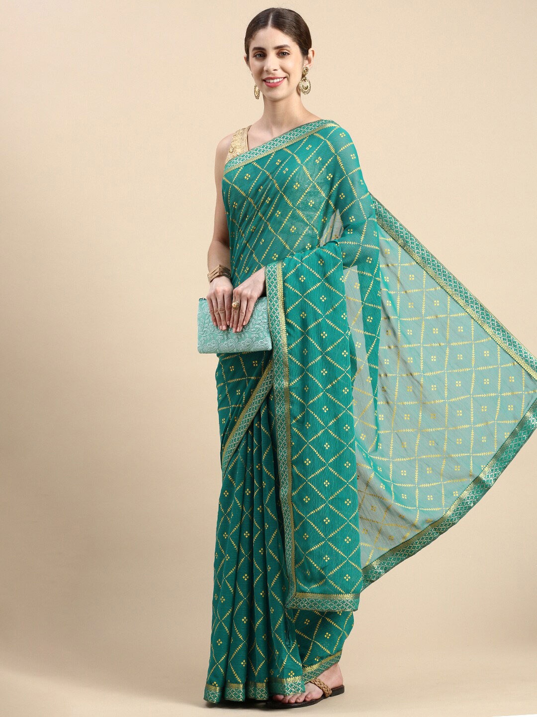 

HERE&NOW Geometric Pure Chiffon Saree, Turquoise blue