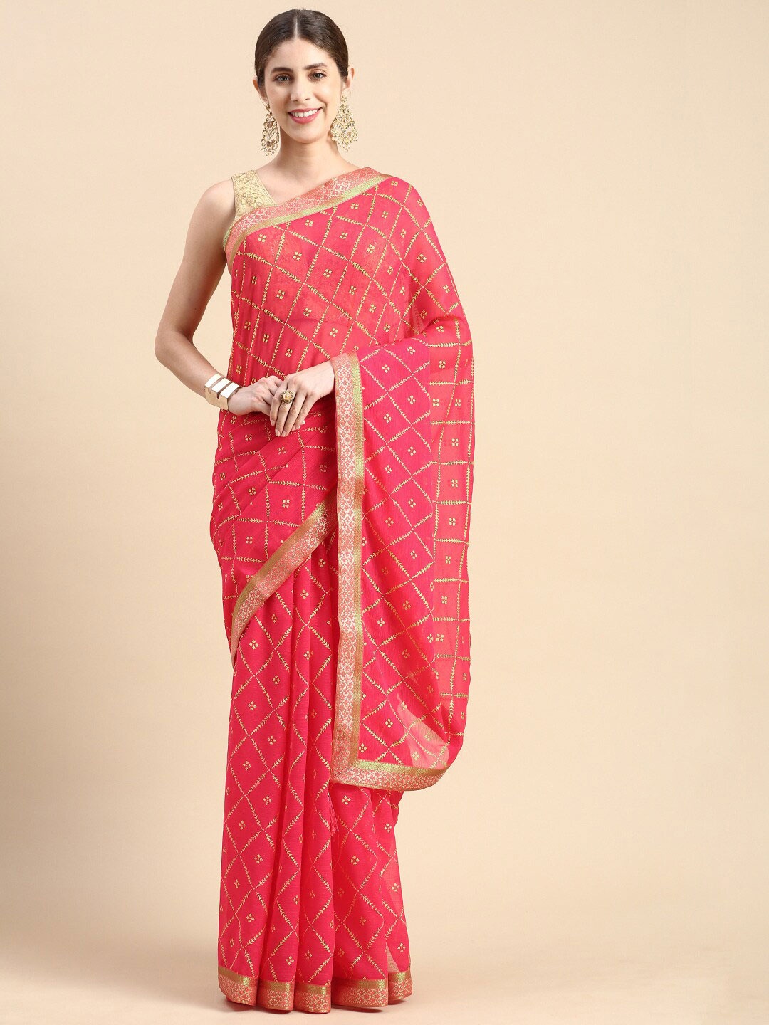 

HERE&NOW Geometric Printed Pure Chiffon Saree, Pink