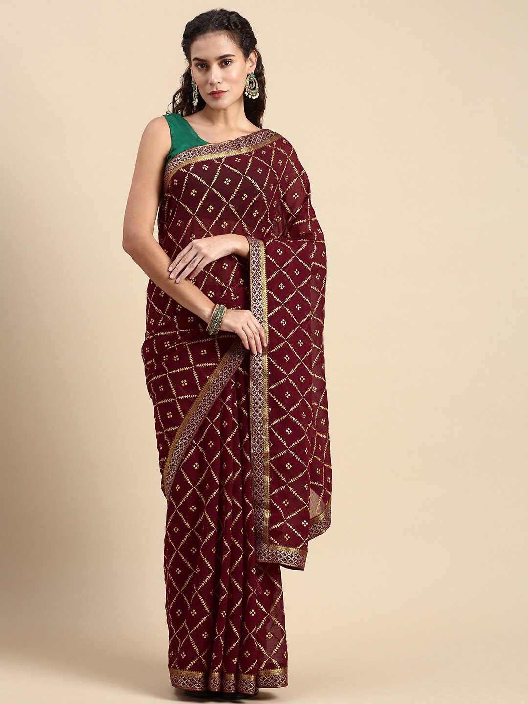 

HERE&NOW Geometric Printed Pure Chiffon Saree, Maroon