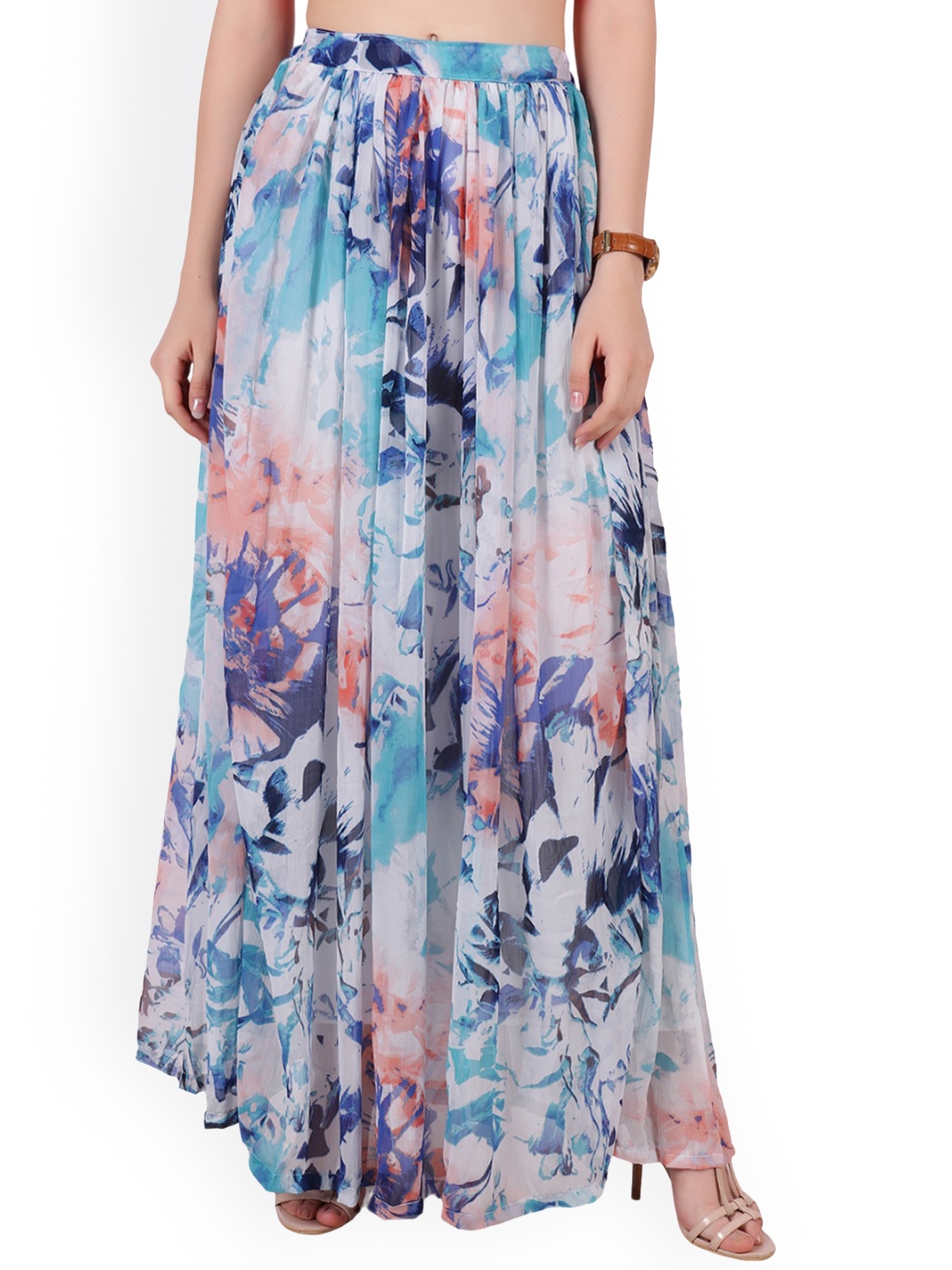 

MINOS Abstract Printed Chiffon Flared Maxi Skirt, Blue