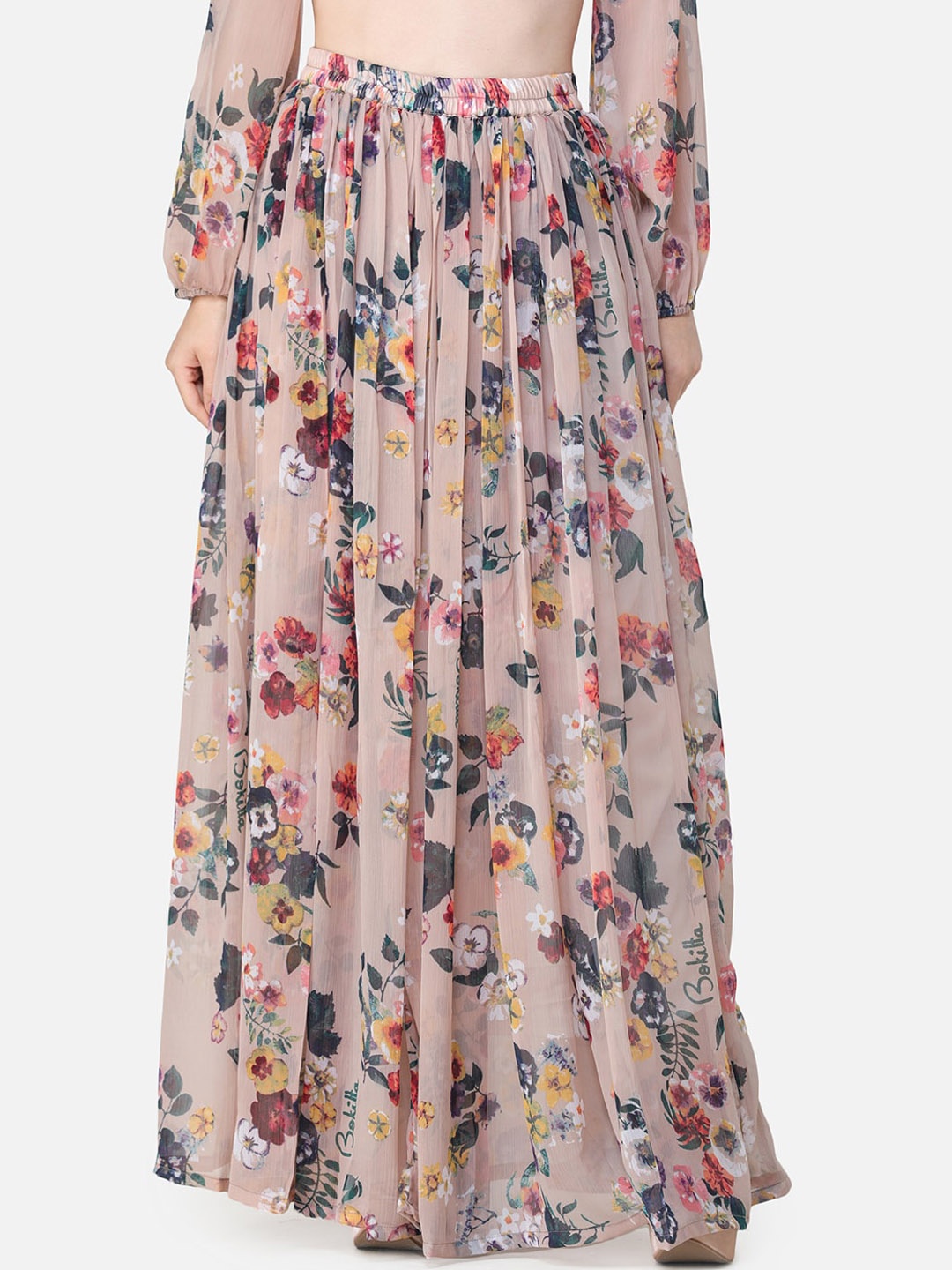 

MINOS Floral Printed Flared Maxi Skirt, Beige