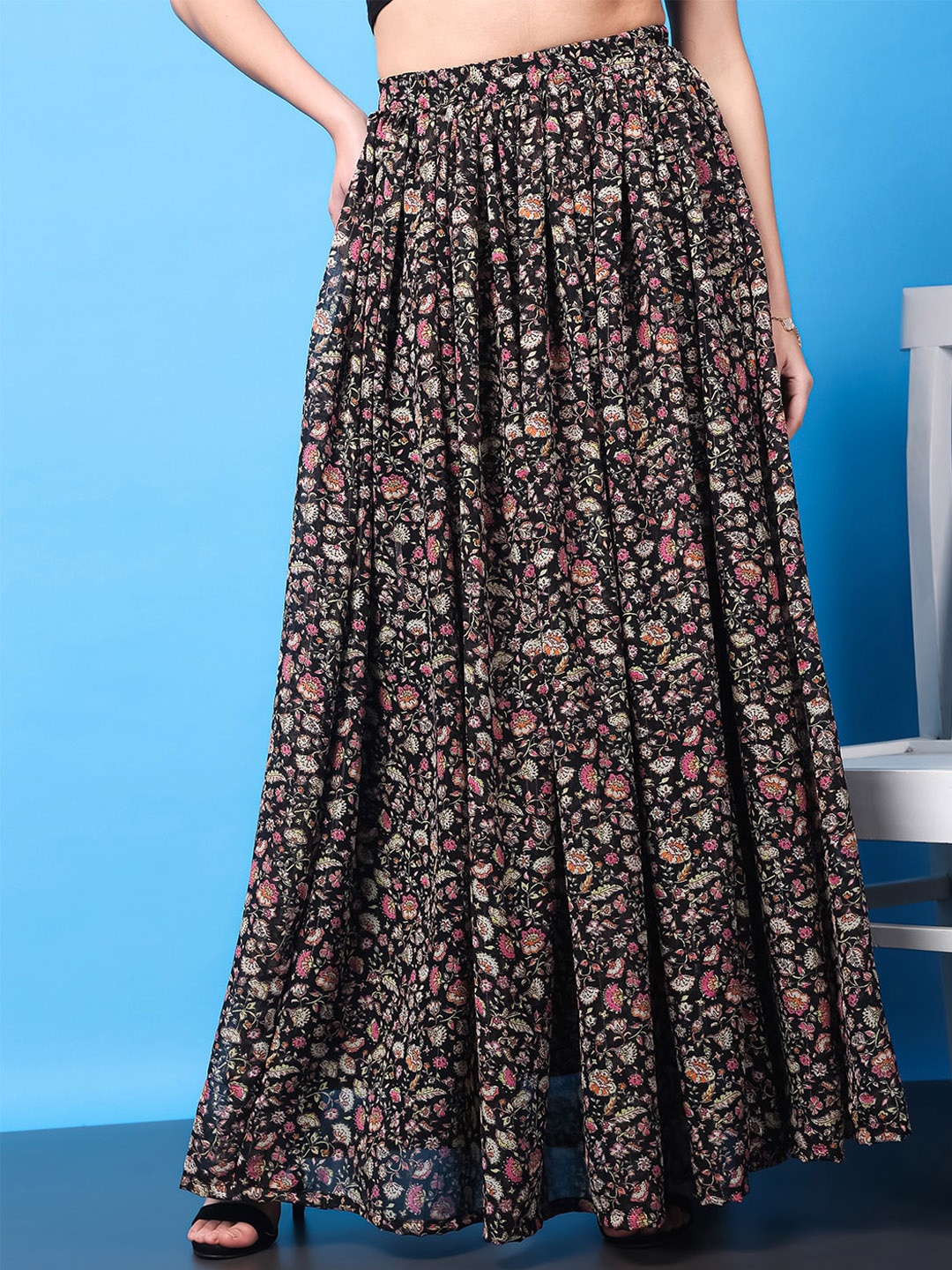 

MINOS Floral Printed Flared Long Skirt, Black