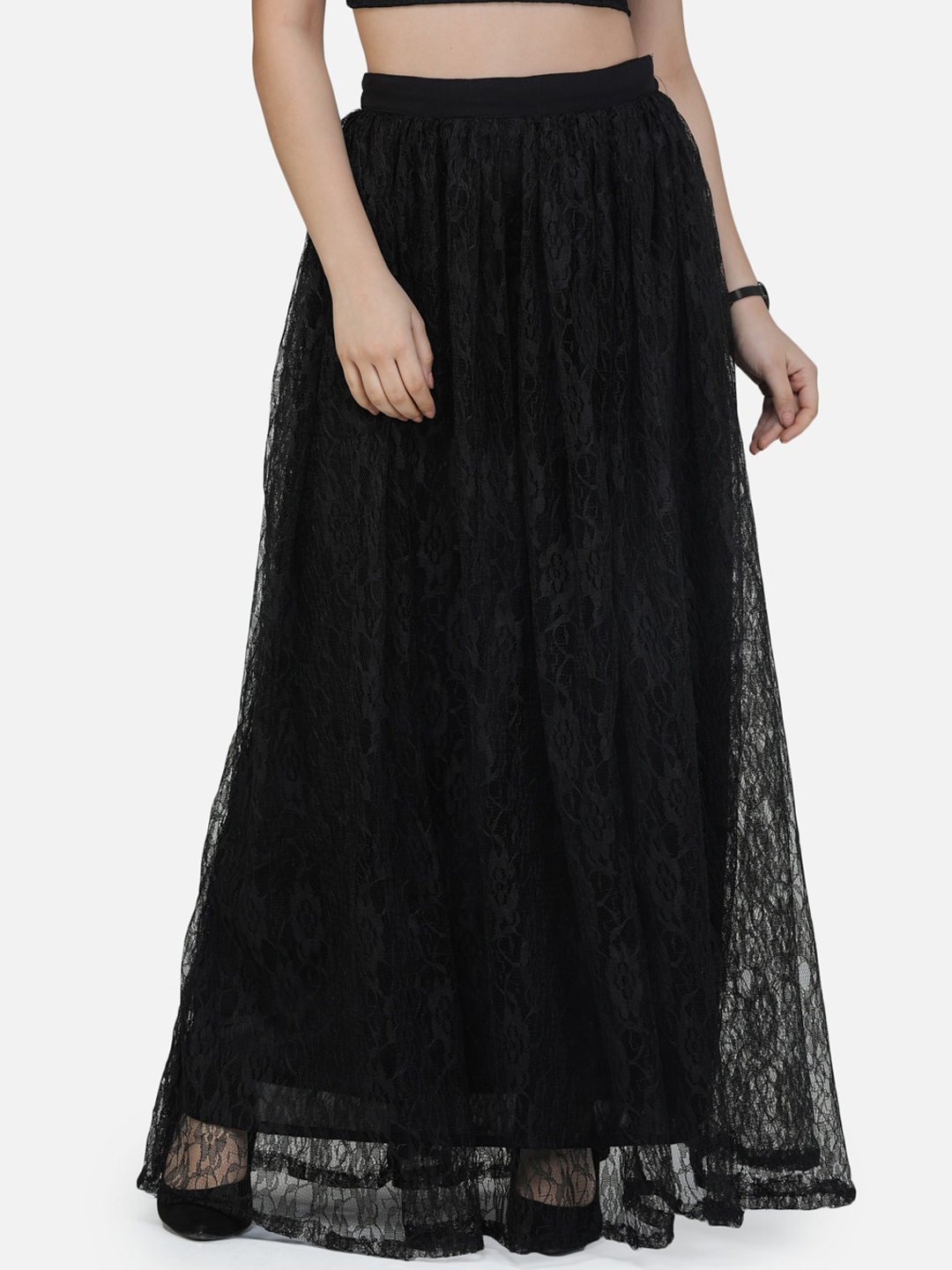 

MINOS Self Design Flared Maxi Skirts, Black