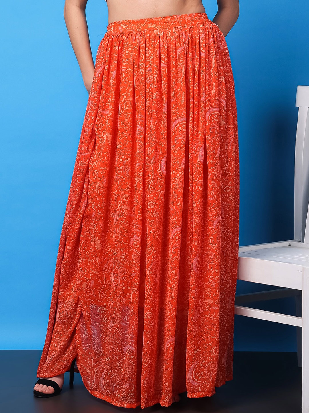 

MINOS Floral Printed Flared Long Skirt, Orange