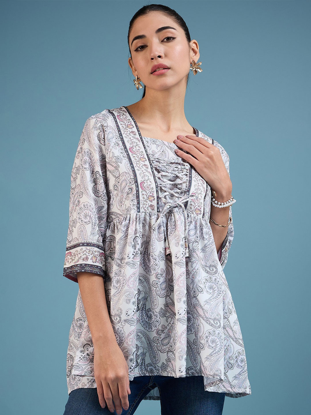 

BAESD Ethnic Motifs Printed Cotton Tie Up A-Line Top, Grey