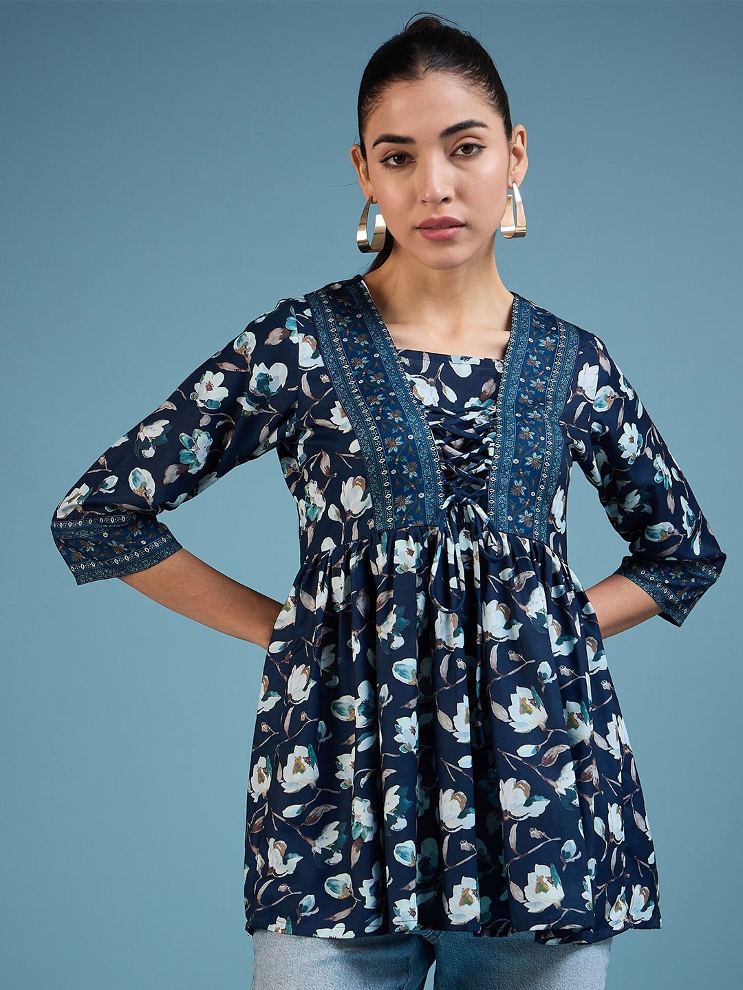 

BAESD Floral Printed Empire Applique Cotton Top, Navy blue