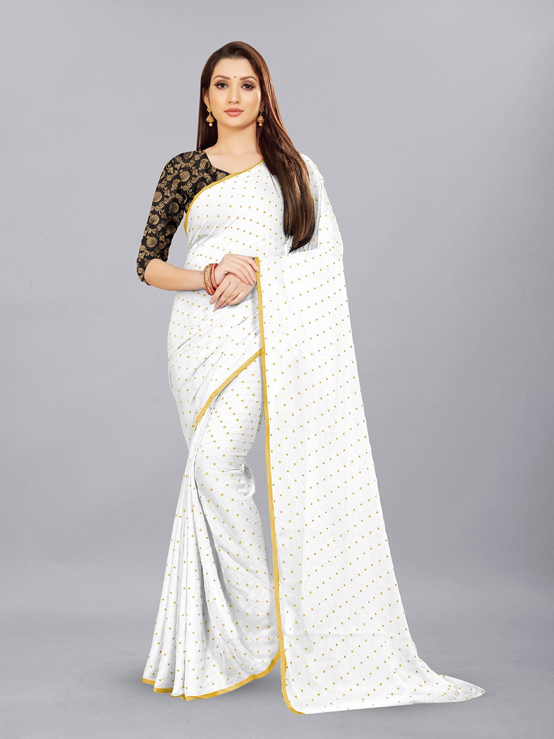 

Aardiva Polka Dots Pure Chiffon Saree, White