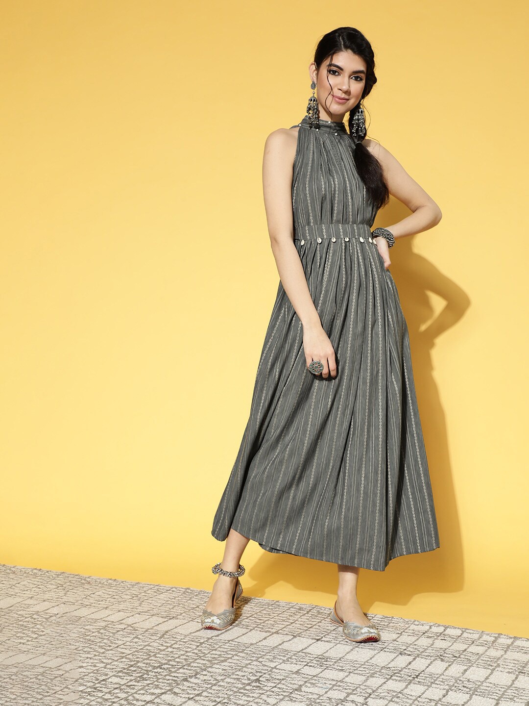 

KALINI Striped Halter Neck Sleeveless Cotton Fit & Flare Maxi Dress, Grey