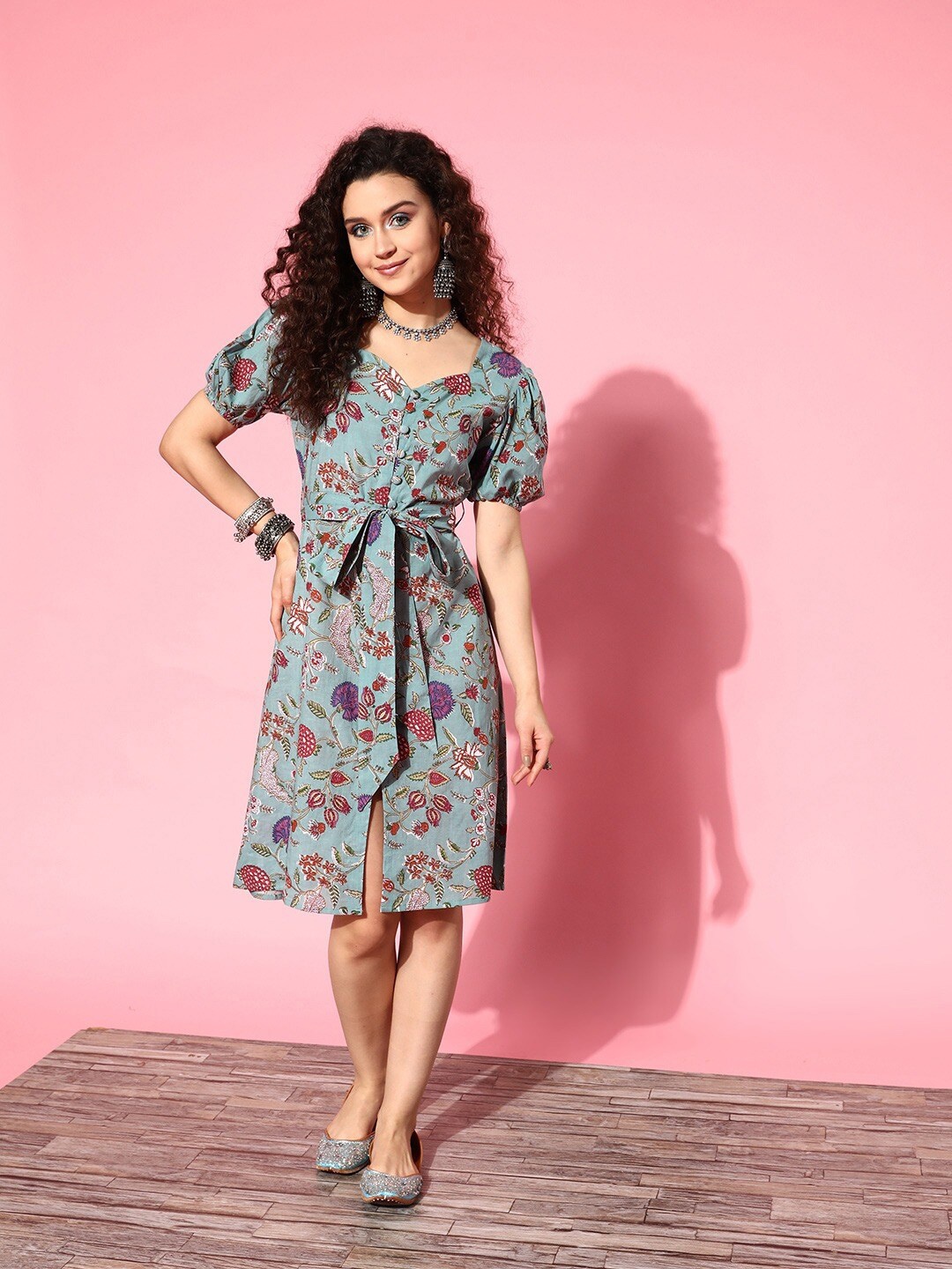 

KALINI Floral Printed Sweetheart Neck Cotton A-Line Dress, Blue