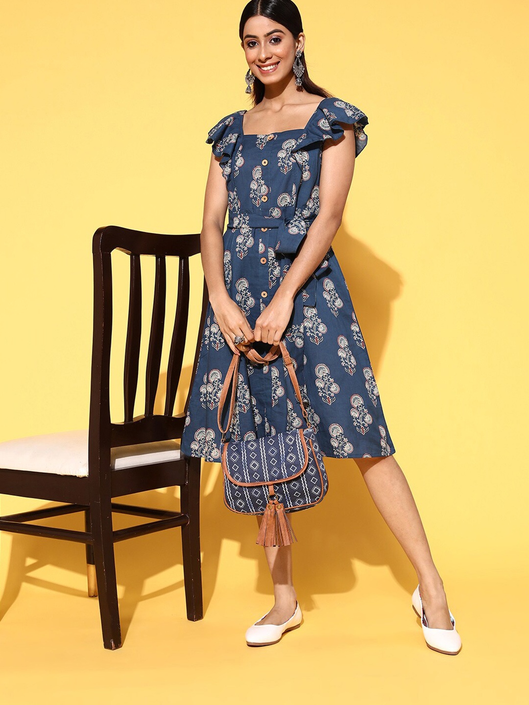 

KALINI Floral Printed Square Neck Cap Sleeves Cotton Midi Fit & Flare Dress, Blue