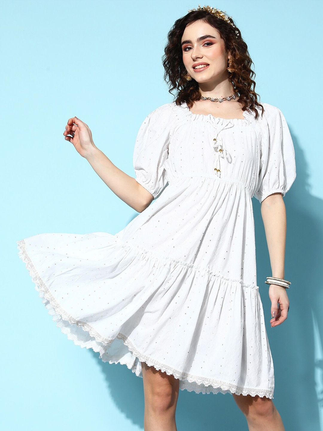 

KALINI Puff Sleeves Cotton Sequined A-Line Dress, White