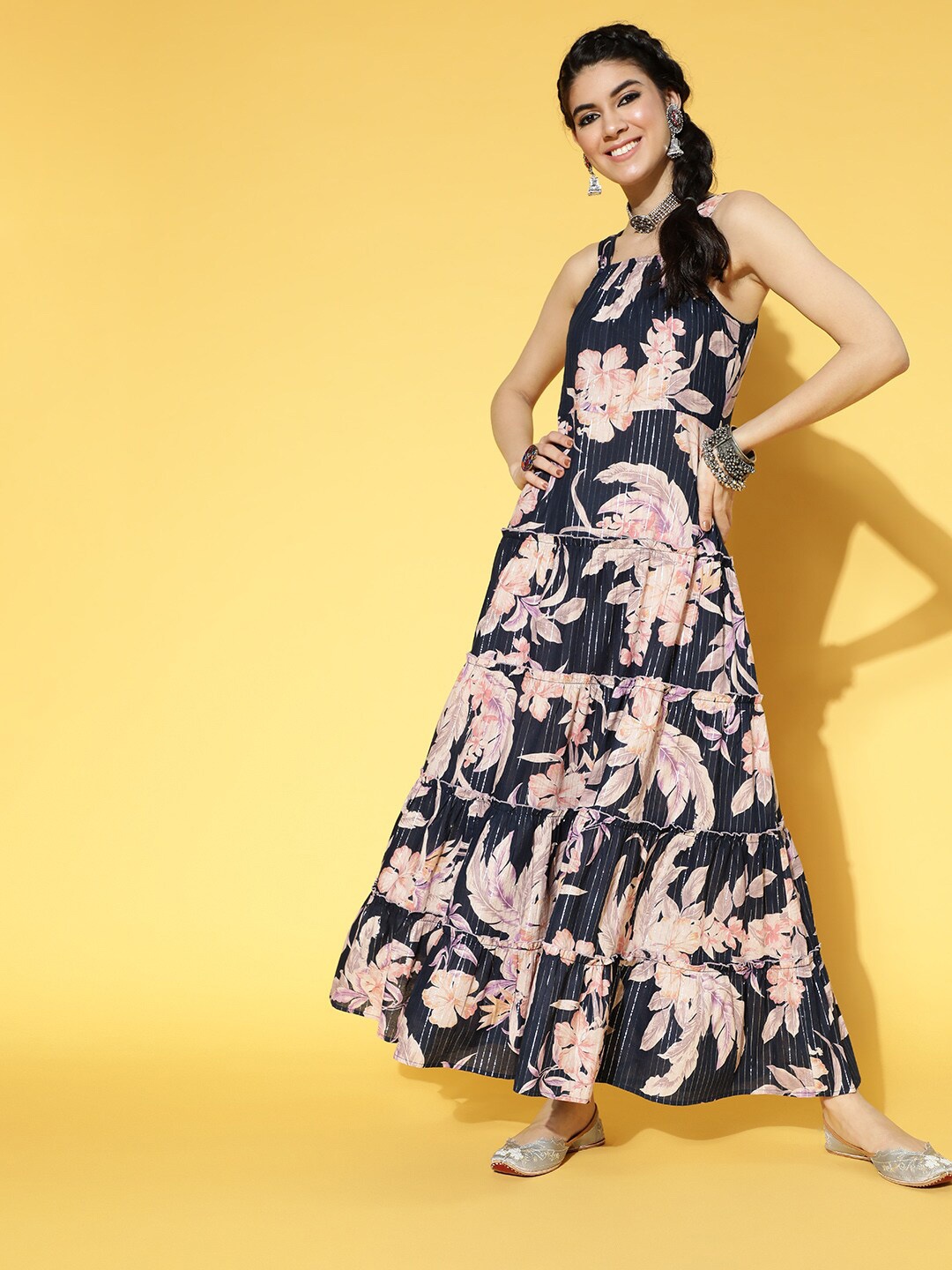 

KALINI Printed Pure Cotton Fit & Flare Maxi Dress, Blue