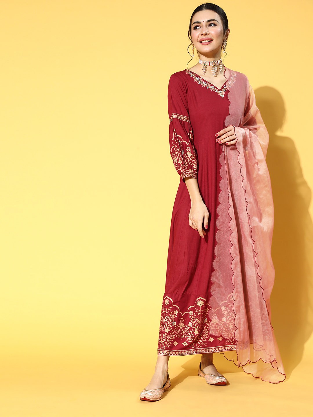 

KALINI Ethnic Motifs Printed Cuffed Sleeves A-Line Maxi Dress With Dupatta, Maroon