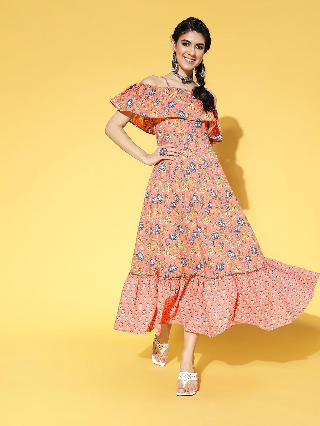 

KALINI Ethnic Motifs Printed Shoulder Straps Off-Shoulder Cotton Maxi Dress, Peach