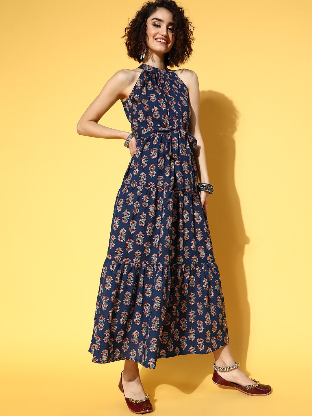 

KALINI Ethnic Motifs Printed Halter Neck Pure Cotton Maxi Dress, Blue