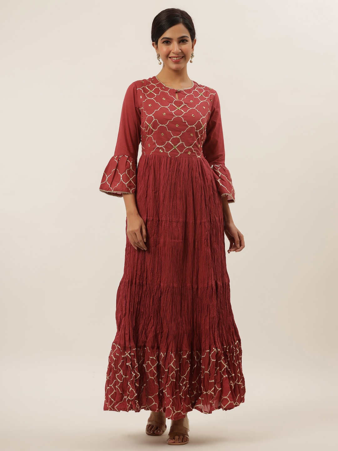 

KALINI Ethnic Motifs Printed Round Neck Bell Sleeves Cotton Maxi Dress, Rust