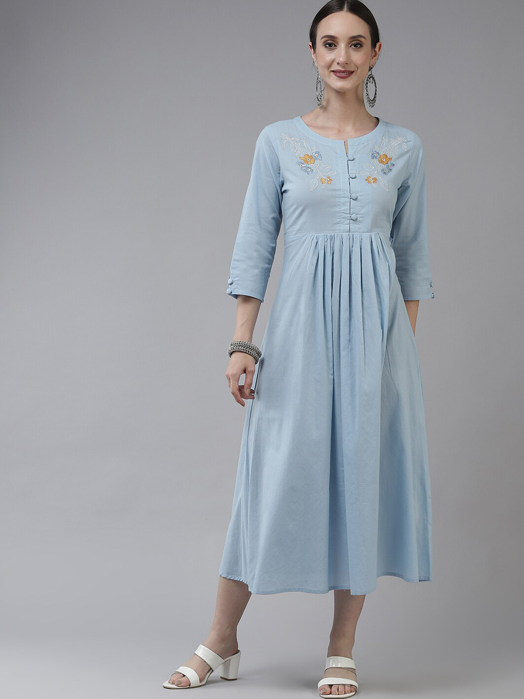 

KALINI Round Neck Embroidered Cotton A-Line Midi Dress, Blue