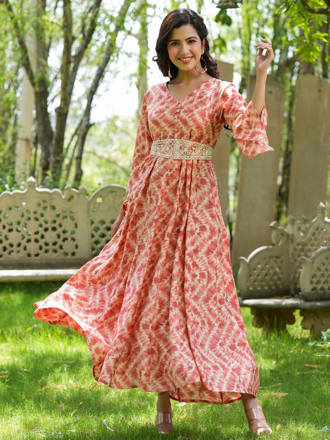 

KALINI Abstract Print V-Neck Maxi Midi Dress, Peach