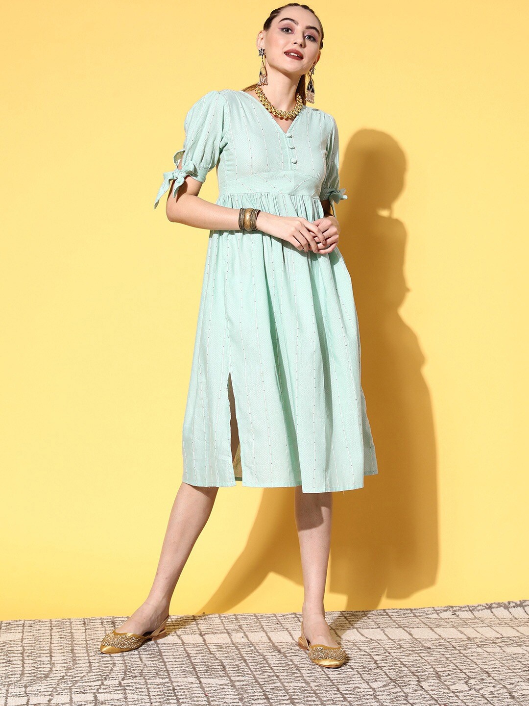 

KALINI Fit & Flare V-Neck Puff Sleeves A-Line Cotton Midi Dress, Sea green