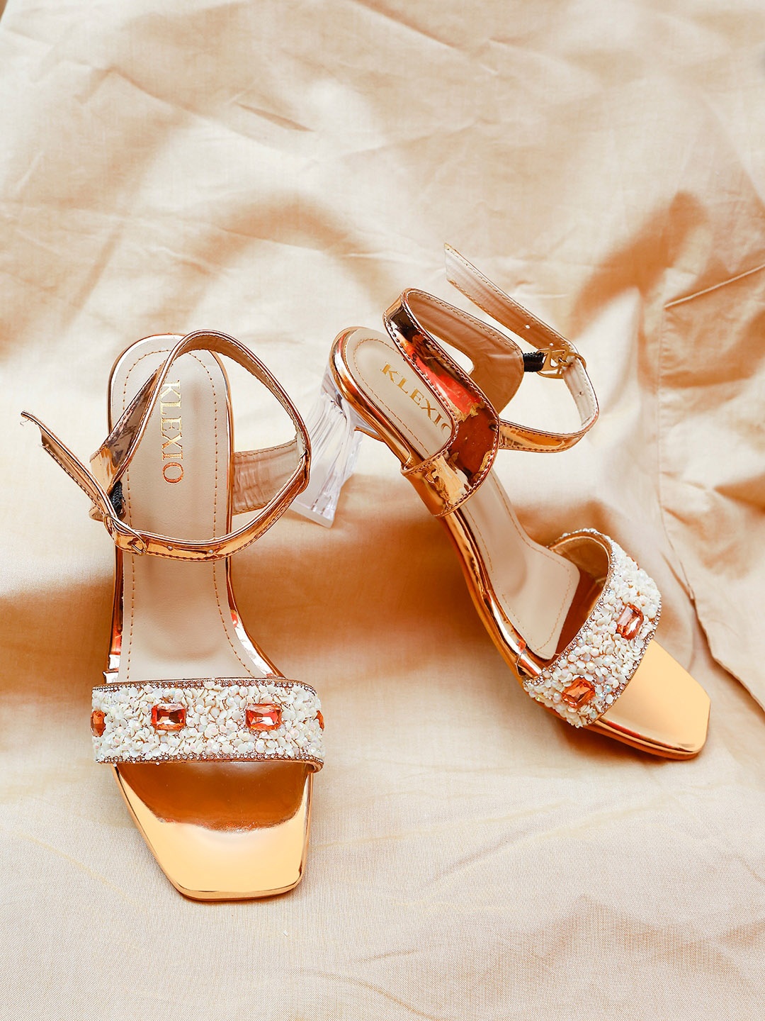 

KLEXIO Embellished Open Toe Block Heels, Rose gold