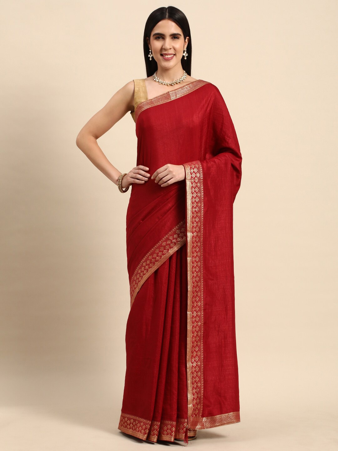 

HERE&NOW Ethnic Woven Design Zari Border Saree, Maroon