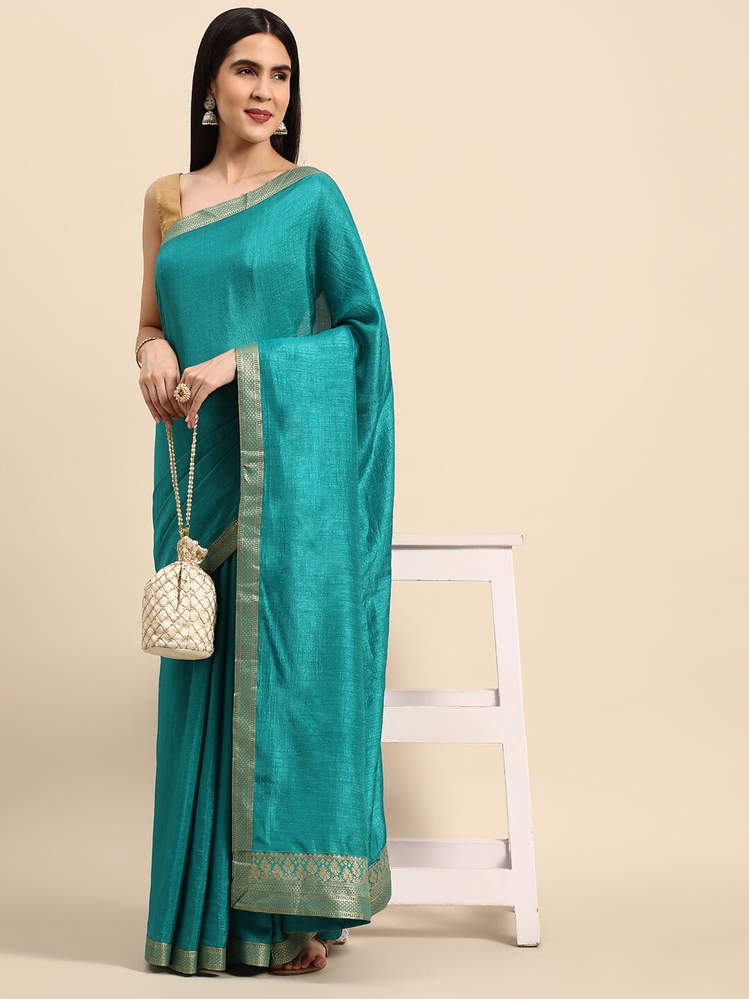 

HERE&NOW Ethnic Woven Design Border Saree, Turquoise blue