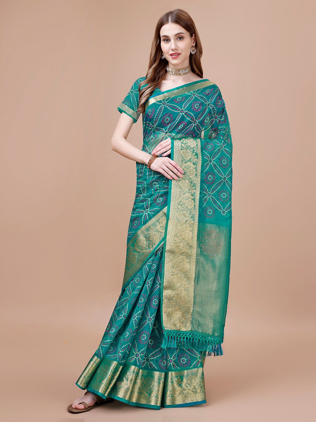 

HERE&NOW Geometric Printed Organza Saree, Teal