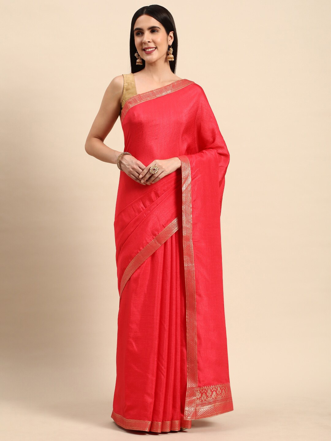 

HERE&NOW Ethnic Woven Design Border Saree, Pink